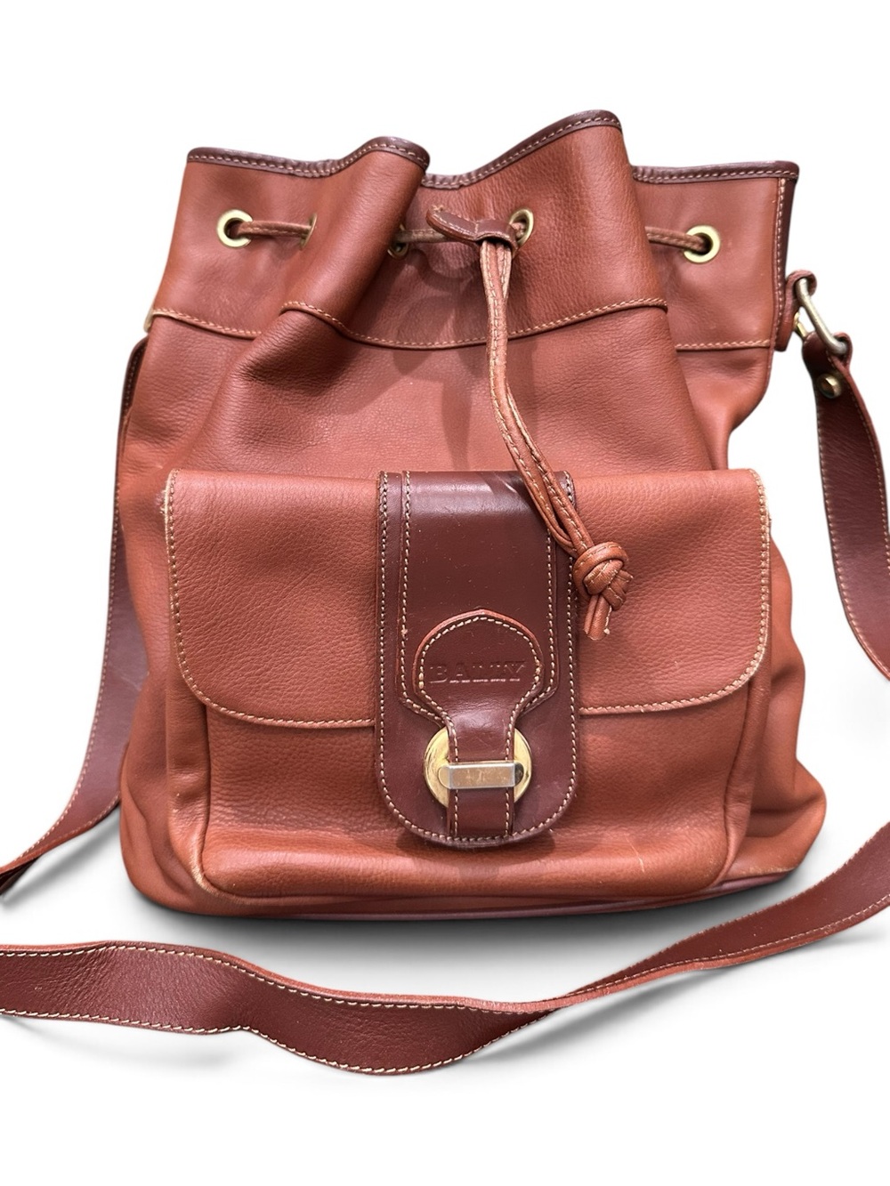 Vintage Bally Brown Leather Drawstring Backpack Made in Italy